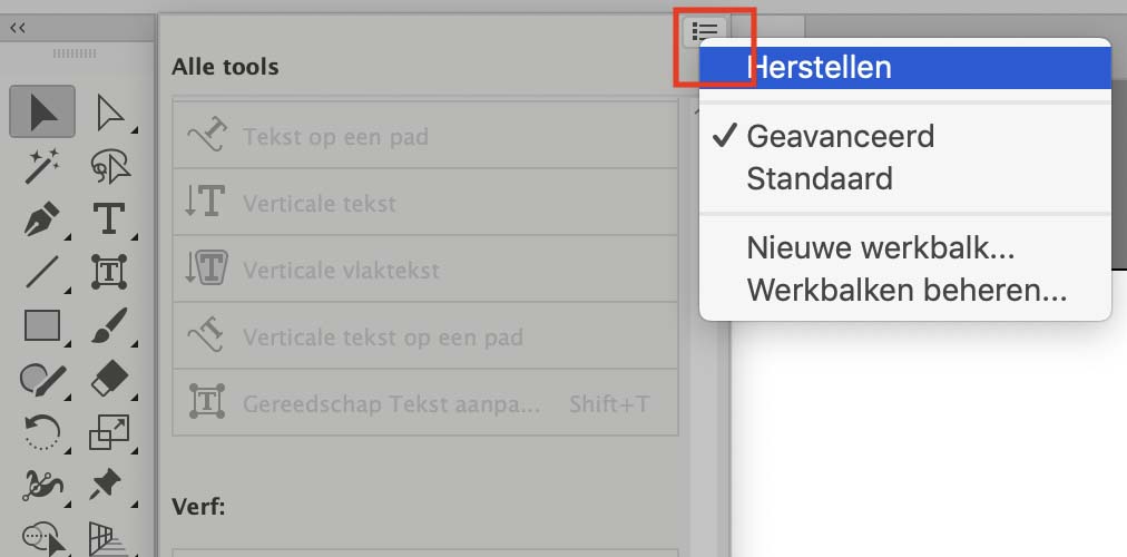 De illustrator gereedschapsset herstellen