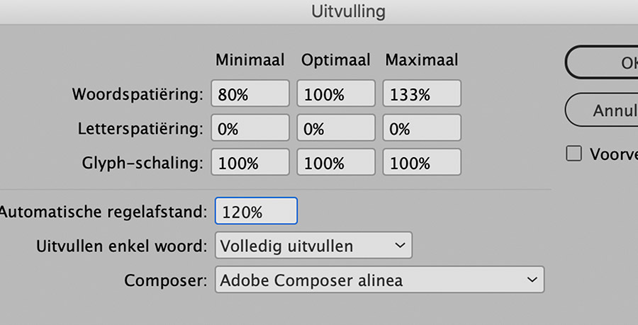 regelafstand indesign standaard op 120%