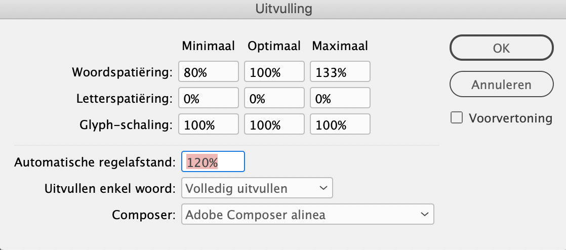 Standaard maakt InDesign de regelafstand 120% van de corpsgrootte.
