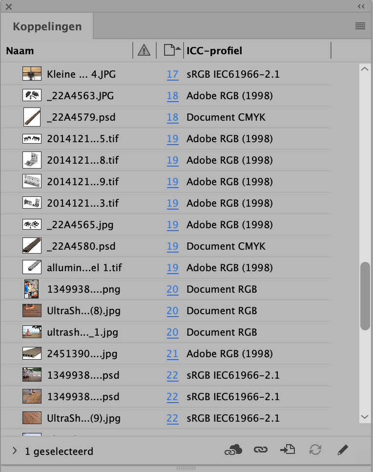 deelvenster Koppelingen van InDesign